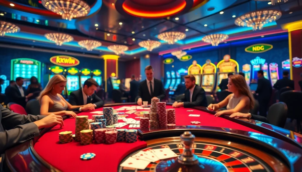 Featuring thrilling poker action at https://kkwinzz.com/ surrounded by vibrant casino elements and luxury.