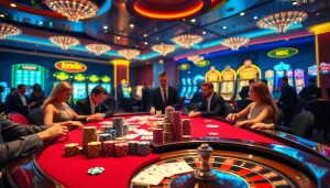 Featuring thrilling poker action at https://kkwinzz.com/ surrounded by vibrant casino elements and luxury.