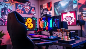 การเล่นเมก้าเกมในสตูดิโอเกมที่มีการตั้งค่าที่น่าตื่นเต้นและสีสันสดใส