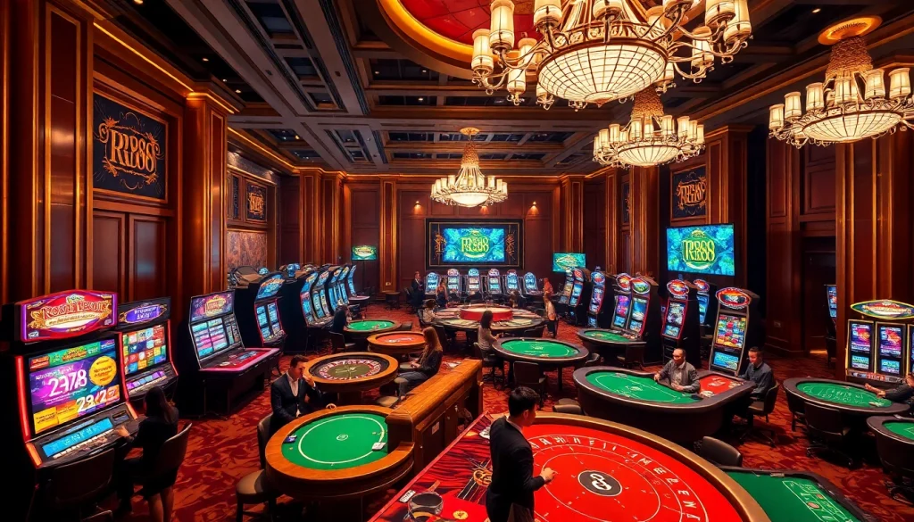 Experience the excitement of RR88 casino with players engaging in vibrant games and stunning decor.