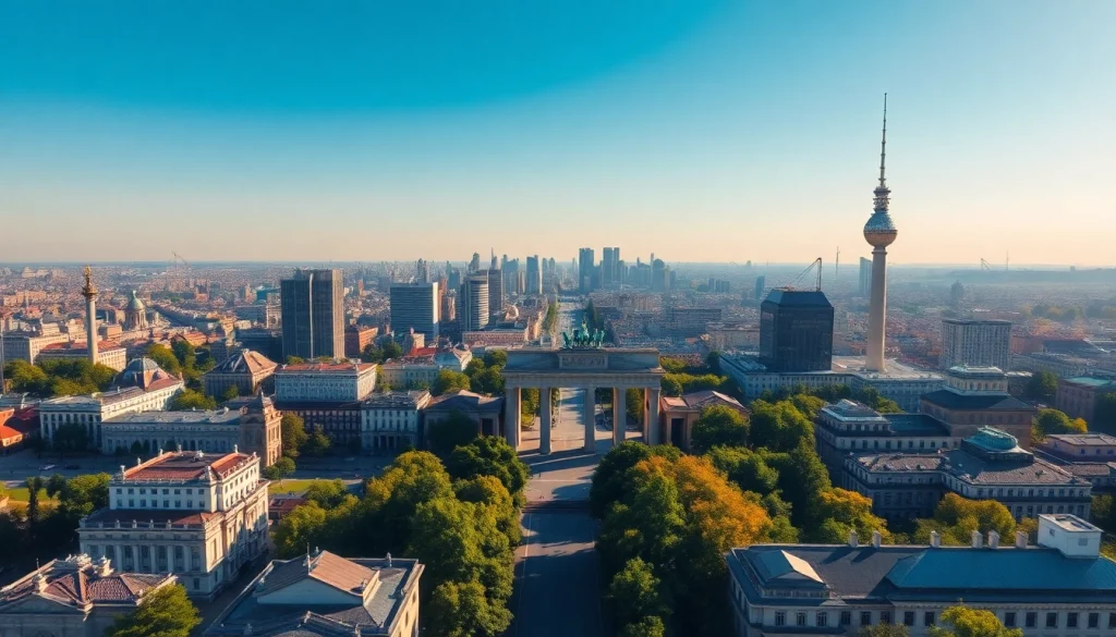Drohnenaufnahmen Berlin eines beeindruckenden Stadtpanoramas, das Berlins ikonische Landmarken zeigt.