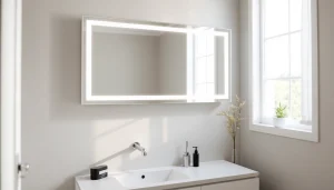 Stylish elegant bathroom mirror with LED lighting reflecting a serene bathroom setting.