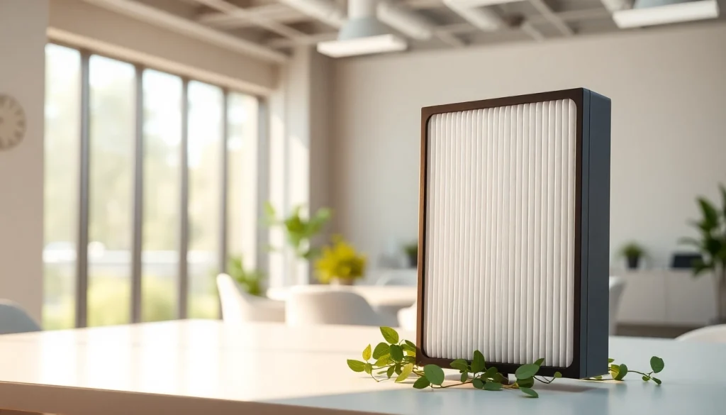 HEPA filter positioned in a clean, modern office, symbolizing effective air purification.