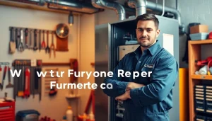 Technician performing furnace repair goldens bridge in a professional workshop setting.