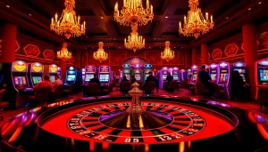Engaging scene of the best csgo gambling sites featuring a roulette table and slot machines.