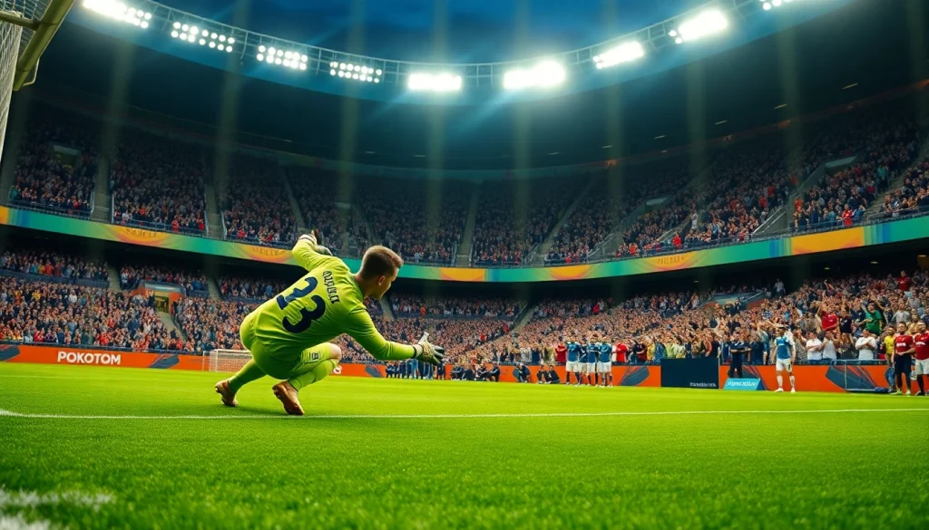 Goalkeeper diving to save a shot in front of an energetic crowd at a soccer match, showcasing excitement from ผลบอลสด888.