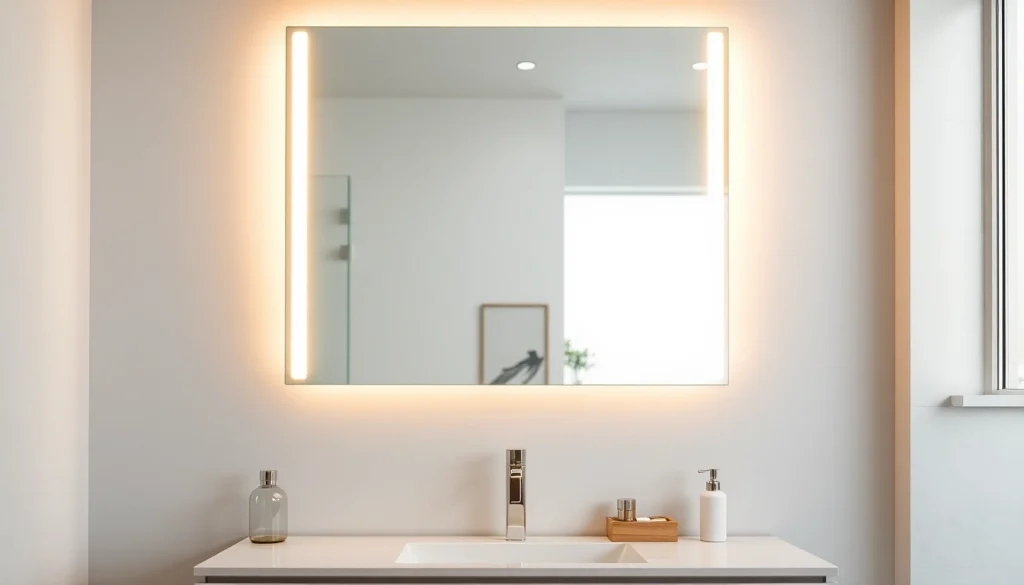 Showcasing a bathroom mirror with LED light above a stylish vanity, enhancing elegance and ambiance.