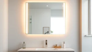 Showcasing a bathroom mirror with LED light above a stylish vanity, enhancing elegance and ambiance.