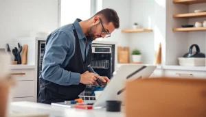 Technician performing appliance repair ottawa service on a dishwasher in an inviting kitchen.