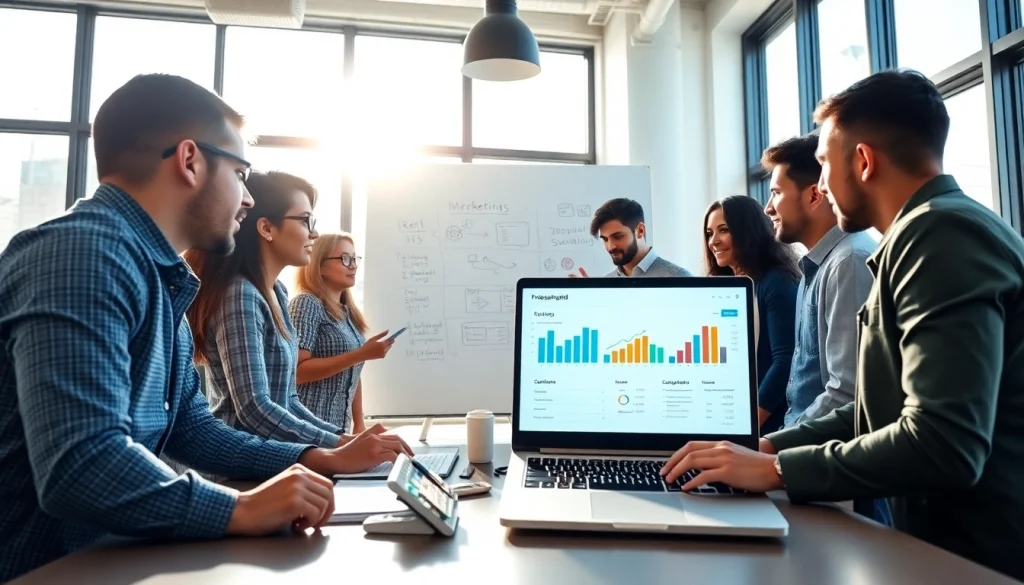 Engaged team collaborating on digital strategies for 1cplatform in a vibrant office.