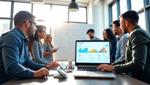 Engaged team collaborating on digital strategies for 1cplatform in a vibrant office.