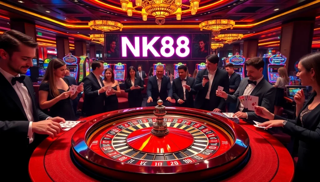 Experience thrilling gameplay with NK88 at an upscale casino, featuring exciting roulette and poker action.
