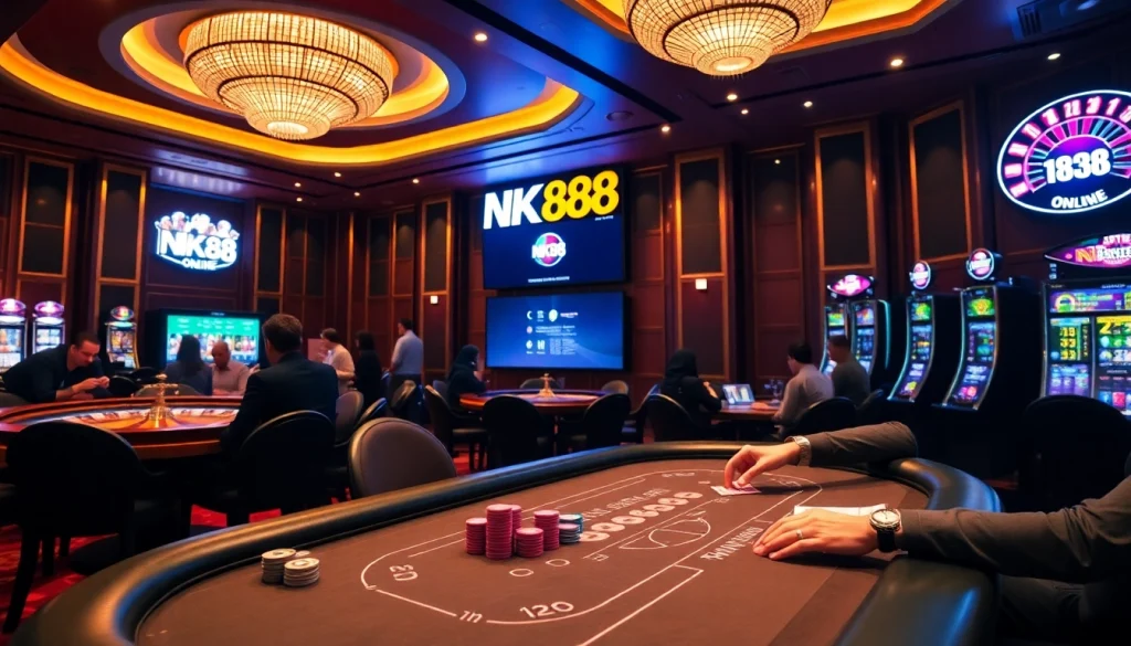 Engaged players enjoying a thrilling poker game at NK88 luxury casino.