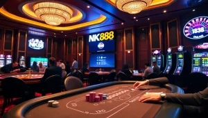 Engaged players enjoying a thrilling poker game at NK88 luxury casino.