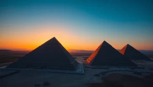 Explore the intricate textures of the ancient piraminds against a stunning sunset backdrop.