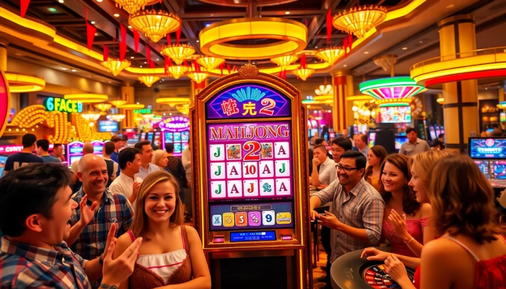 Players enjoying the Mahjong Ways 2 slot machine in a vibrant casino setting, filled with excitement and colorful lights.