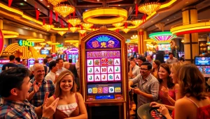 Players enjoying the Mahjong Ways 2 slot machine in a vibrant casino setting, filled with excitement and colorful lights.