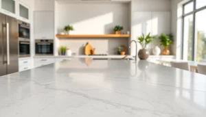 Showcasing Classic Quartz Stone countertops with elegant textures in a bright kitchen.