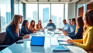 Engaging discussion on business growth insights among diverse professionals in a modern office setting.