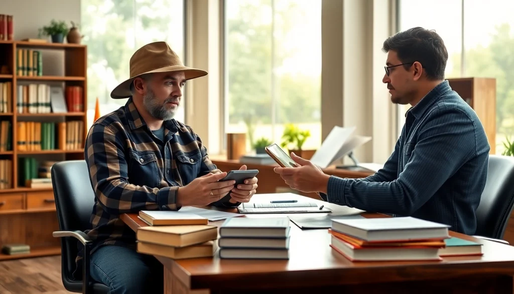 Engaged discussion between a farmer and a lawyer about agricultural law in a professional setting