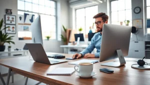 zirvegrupbilgisayar ile modern ofis ortamında dijital pazarlama çalışmaları yapan birey.