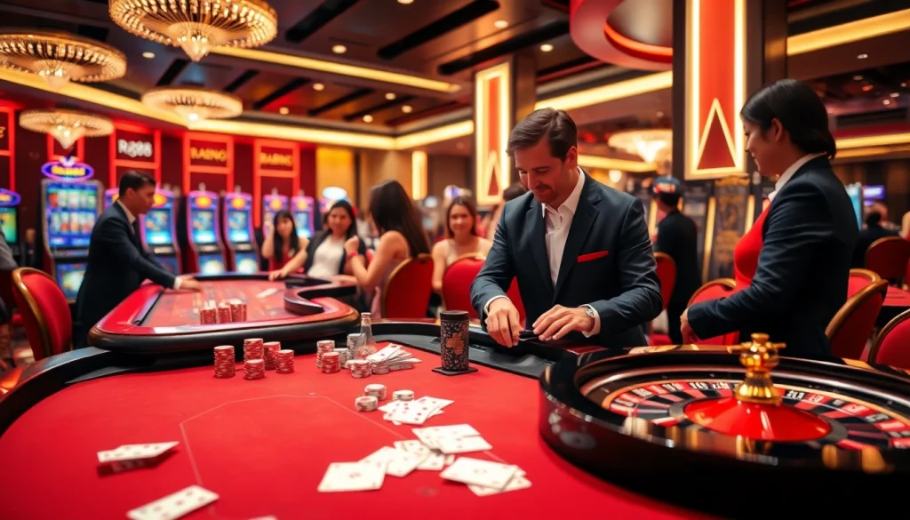 Experience the thrill of gambling at RR88 with a vibrant casino table setup, featuring luxurious poker chips and cards.