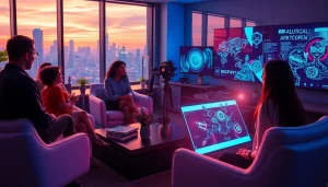 Futuristic workspace featuring diverse individuals using advanced AI tools for ai nsfw content creation.