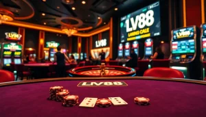Play excitement-filled games at LV88's luxurious casino with vibrant poker chips and roulette tables.