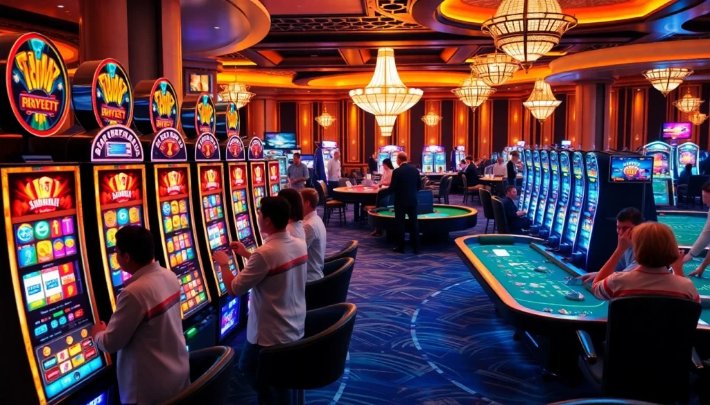 Pemain yang antusias berinteraksi dengan mesin slot deposit 1000 yang berwarna-warni dalam adegan kasino yang hidup.