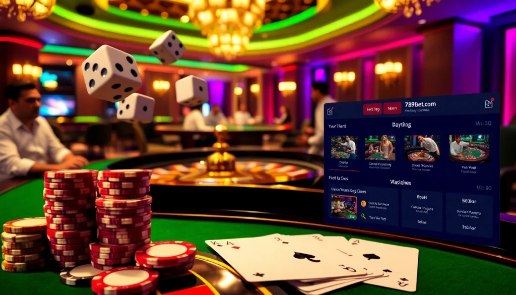 Exciting gambling scene with 789bet.com poker chips and roulette wheel, showcasing high-stakes play.