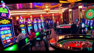 Players enjoying a vibrant slot machine experience at a luxurious casino with slot depo 5k.