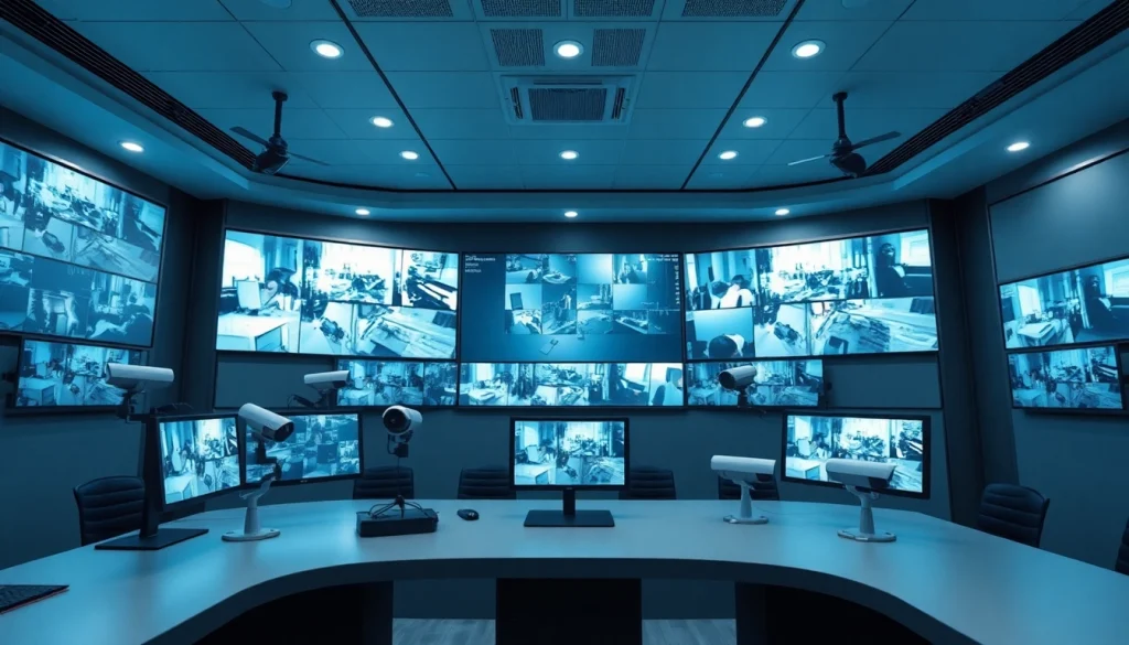 Cámaras Dahua exhibidas en una moderna sala de control de seguridad que muestra funciones de monitoreo en vivo.