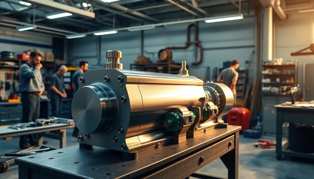 Highlighting custom hydraulic equipment on a workshop bench surrounded by engineers.