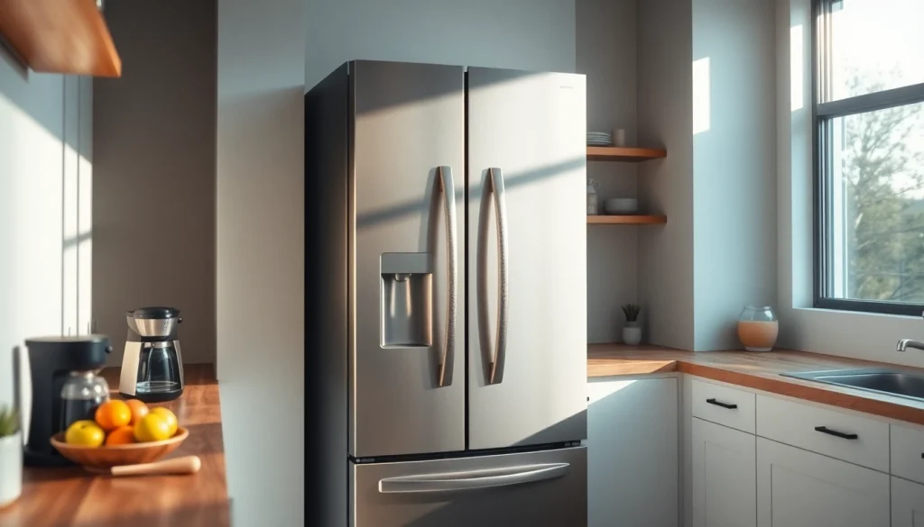 Refrigerator with textured metallic finish in a modern kitchen setting with natural light.