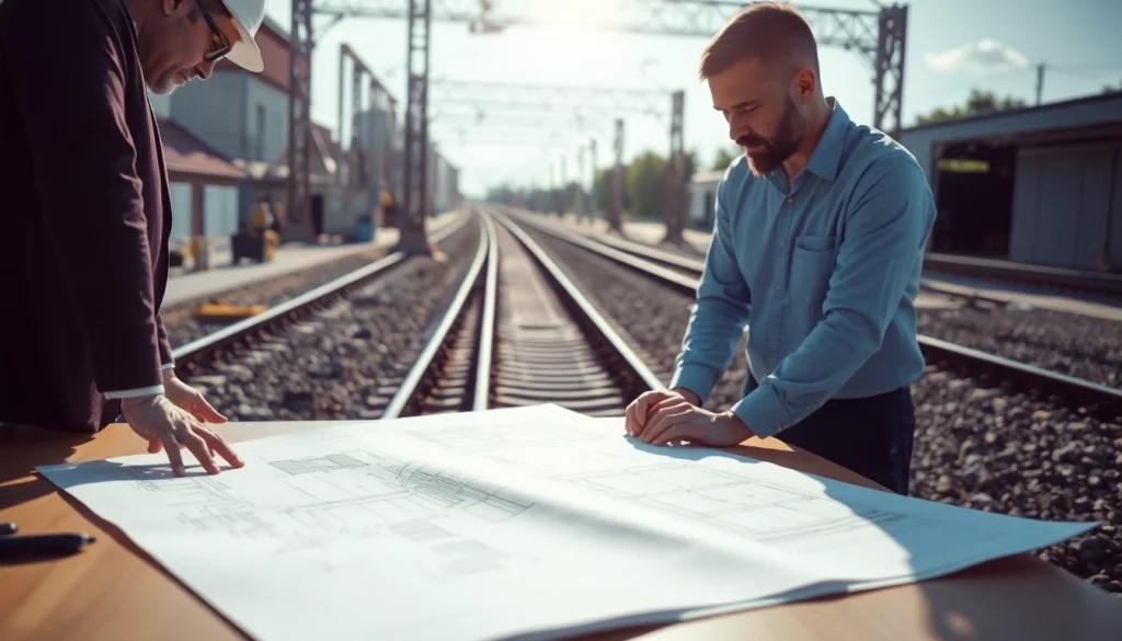 Engineers collaborating on railroad engineering designs among blueprints and construction.