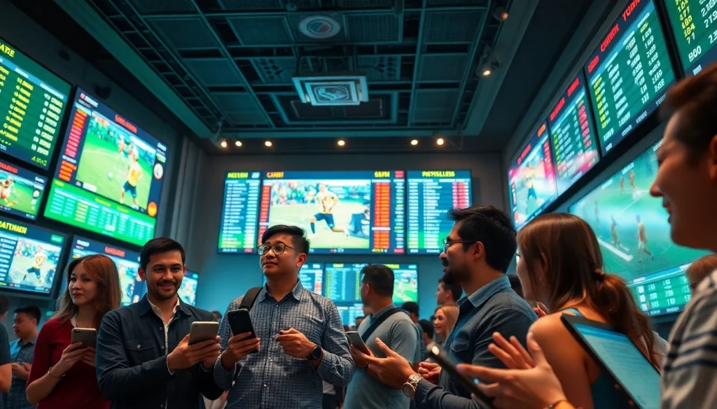 Exciting kèo nhà cái environment with fans engaging in sports betting, showcasing vibrant digital displays.