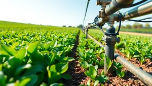 Land irrigation system enhancing crop growth in a lush field surrounded by clear skies.