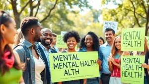 Promote mental health awareness at a vibrant outdoor rally with diverse individuals smiling and engaging.