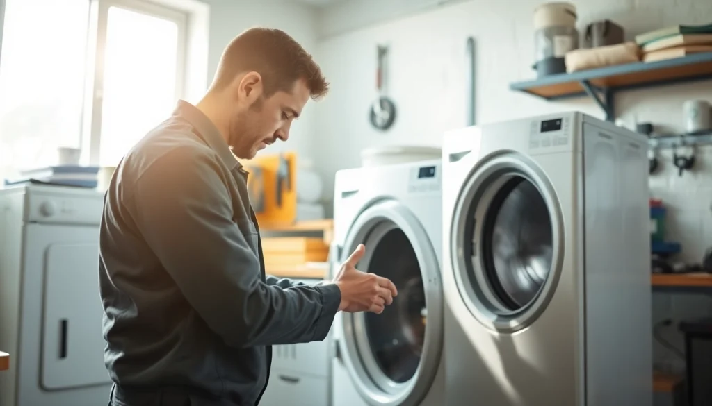 Expert technician performing dryer repair near me in a well-lit workshop.