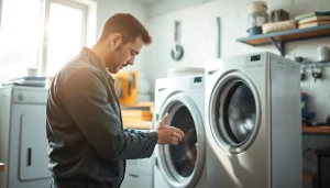 Expert technician performing dryer repair near me in a well-lit workshop.