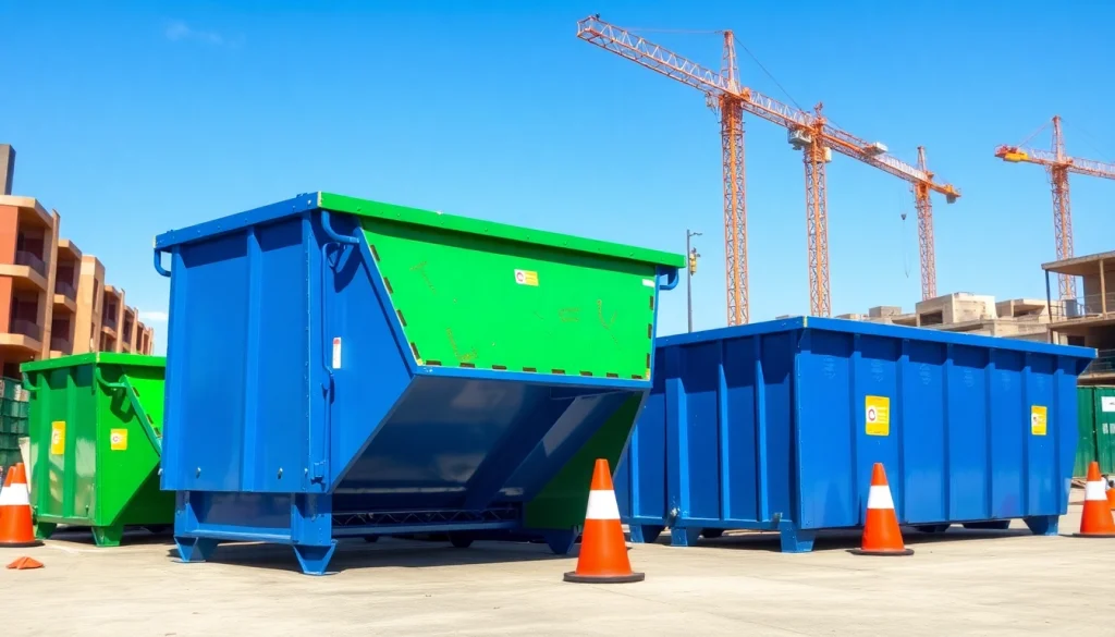 Efficient roll off bins positioned at a construction site for waste disposal.