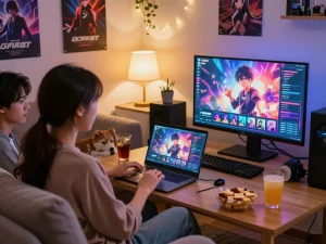 Couple enjoying a free porn game on a laptop in a cozy gaming room.
