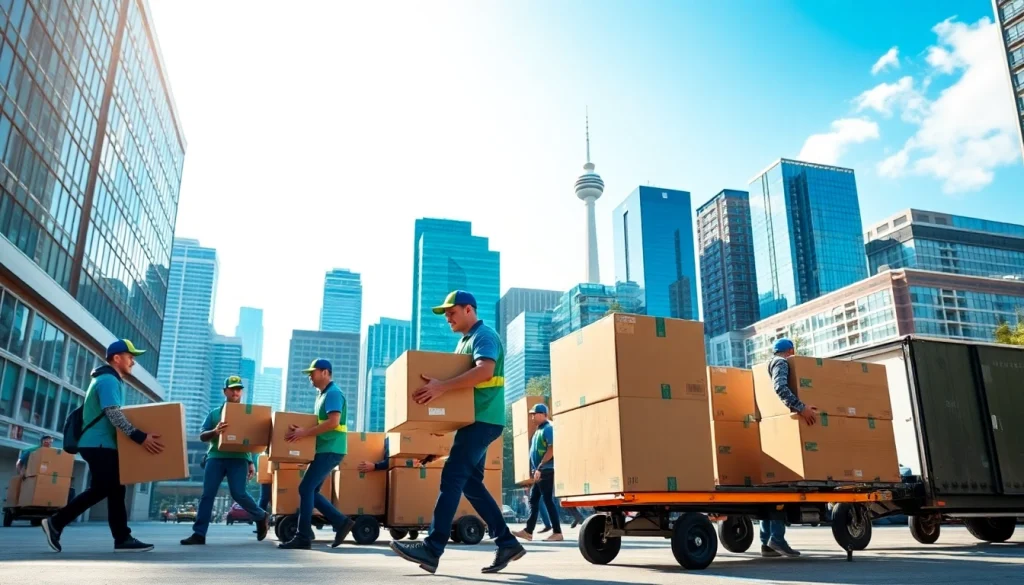 Trustworthy moving services Edmonton team handling boxes in vibrant urban setting.