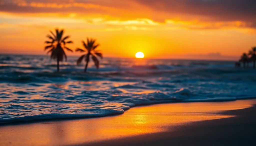 Capture the beauty of https://myrtlebeachsc.com/ at sunset with waves and palm trees.