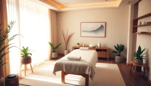 편안한 earthy 톤과 아로마 오일이 조화로운 스웨디시 마사지 설정.