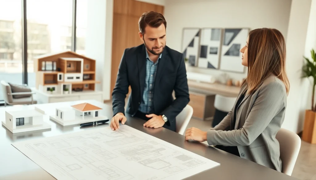 Contact residential architect Boston discussing plans with clients in a modern office setting.