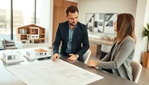 Contact residential architect Boston discussing plans with clients in a modern office setting.