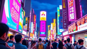 日本のトレンドトピックスを示す活気ある東京の街並みの画像。