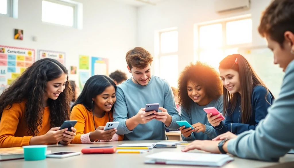 Students collaborating with a smartphone solution in school life, enhancing their learning experience.