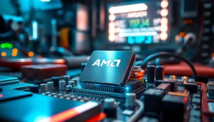 AAMD procesor na nowoczesnej płycie głównej, oświetlony niebieskimi diodami LED.